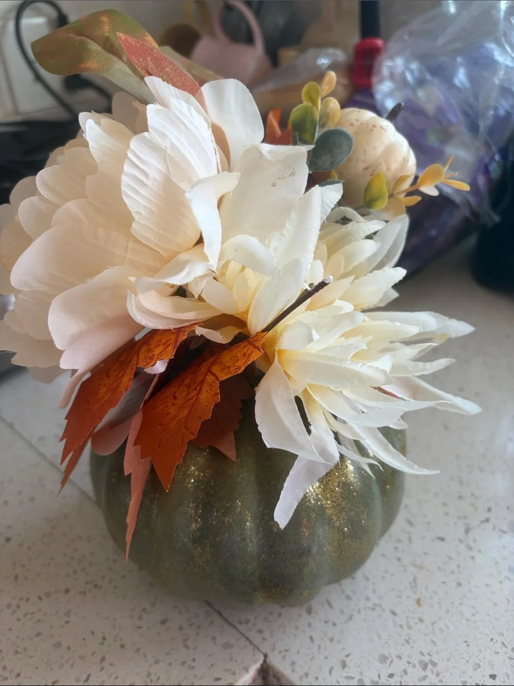 Decorative Green Glitter Pumpkin Floral Arrangement - Home Accents New